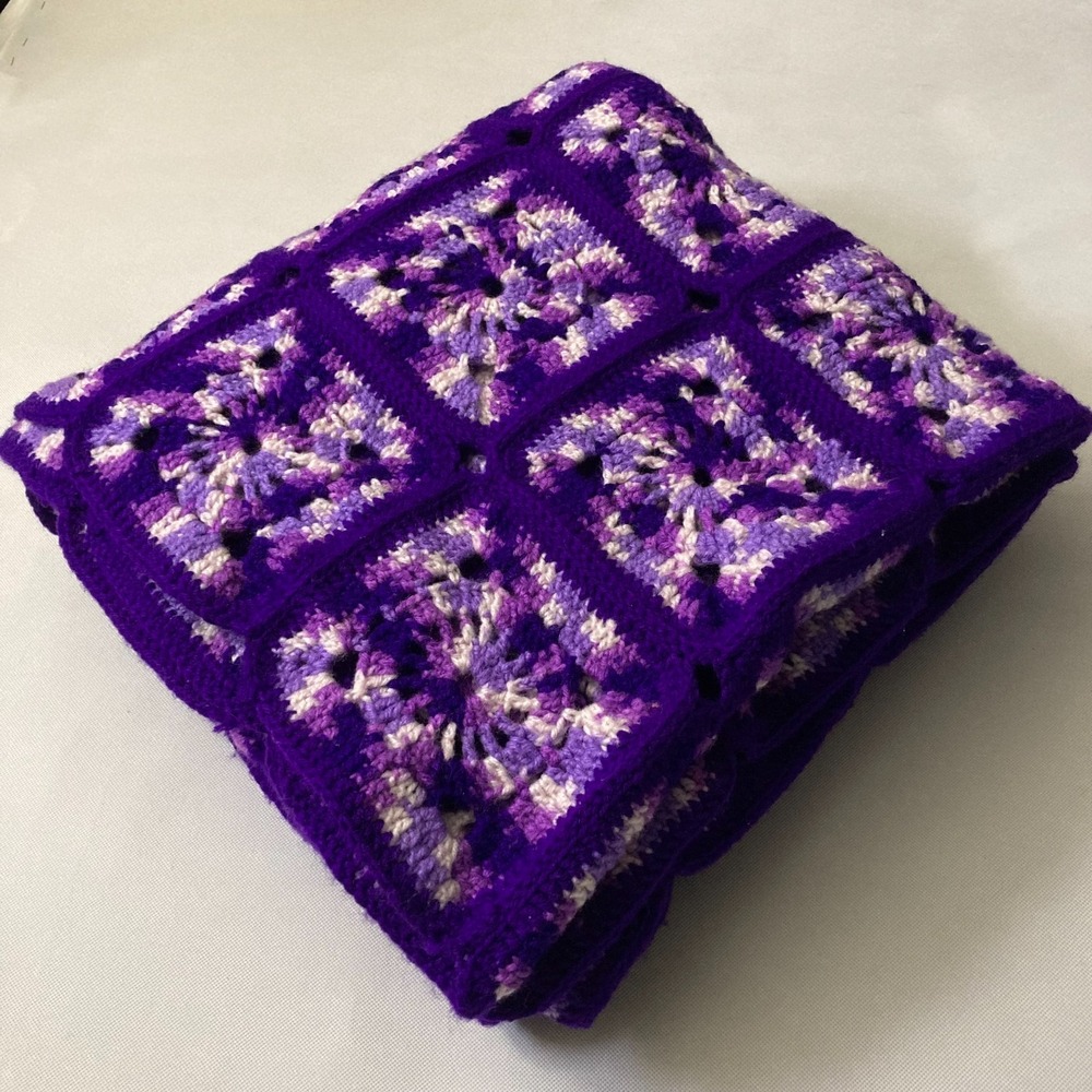Handmade Purple Granny Square Crochet Afghan - Retro Boho Sunburst Throw